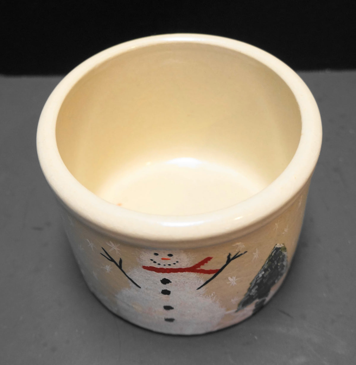 Robinson Ransbottom 1 Pint Low Jar Crock Hand Painted Snowman