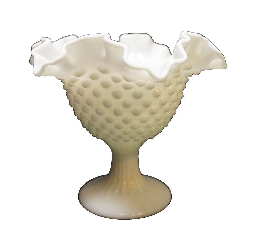 Fenton Hobnail Milk Glass #3728 5 3/4" Double Crimped Small Compote Candleholder