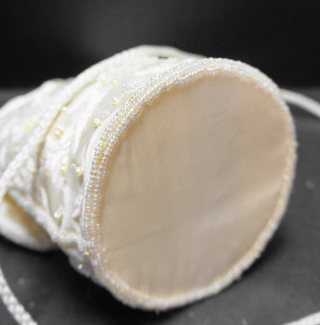 Cream Satin Beaded Drawstring Pouch Purse Evening Bag