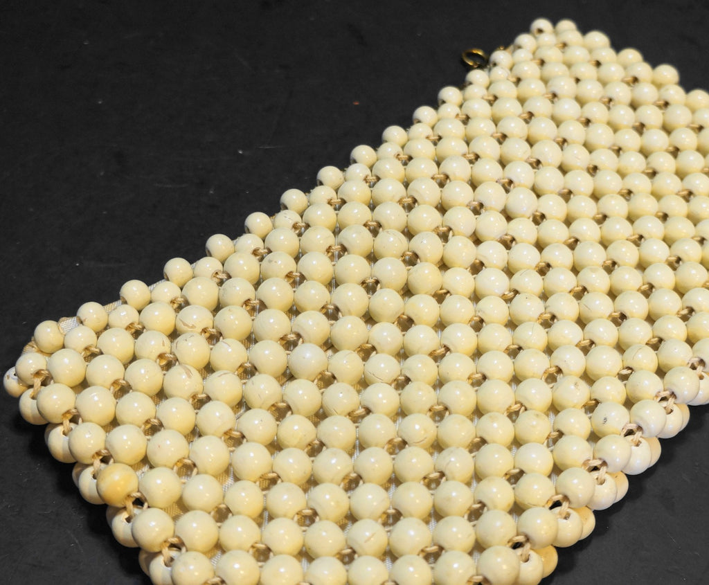 Vintage Cream Wooden Bead Clutch Purse Made in Japan