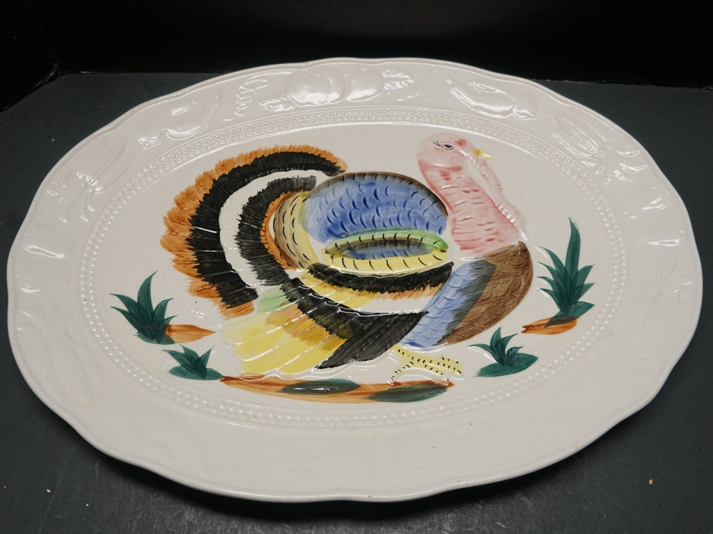 Hand Painted Embossed Turkey Platter Japan 18 1/2 x 14