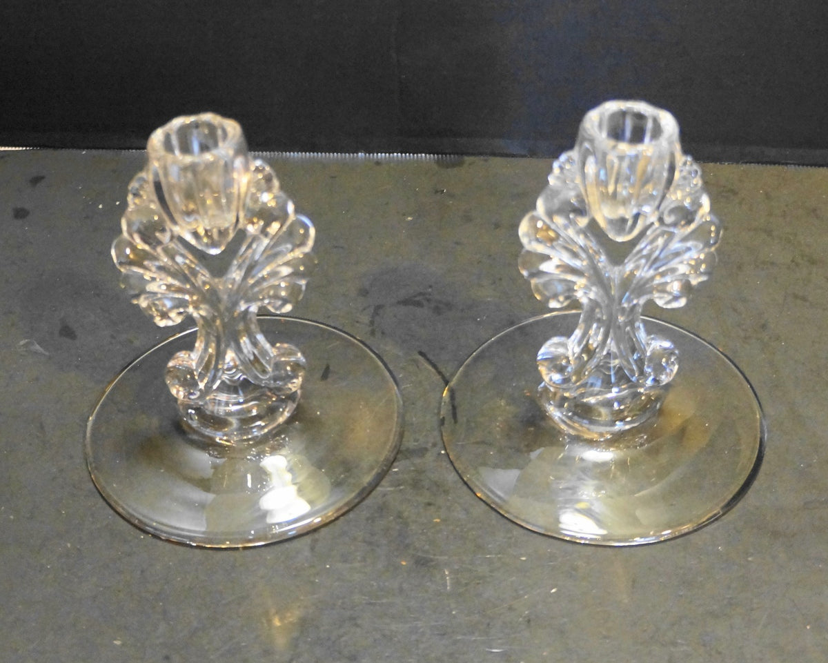 New Martinsville Janice Clear Depression Elegant Glass Candle Holders Pair