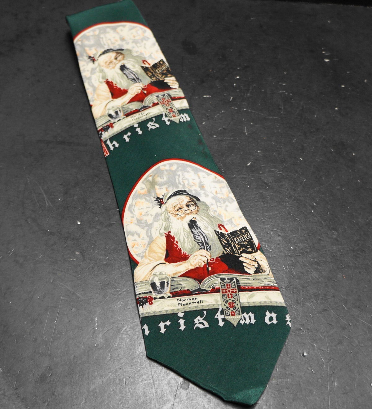 Norman Rockwell Santa Claus SIlk Tie 1993 Dark Green