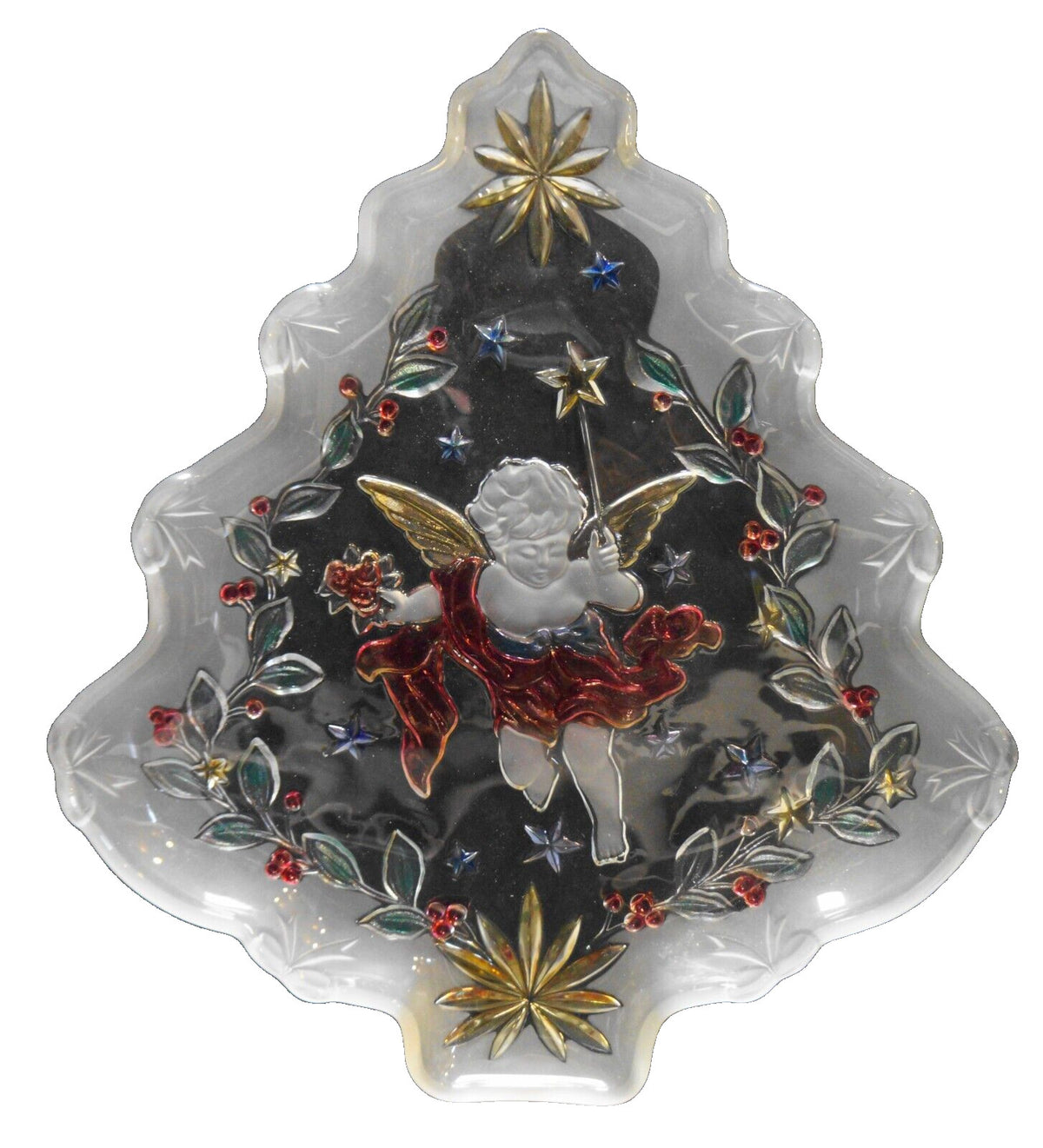 Studio Nova Angel's Wish Christmas Tree Shaped Crystal Platter Tray Stained