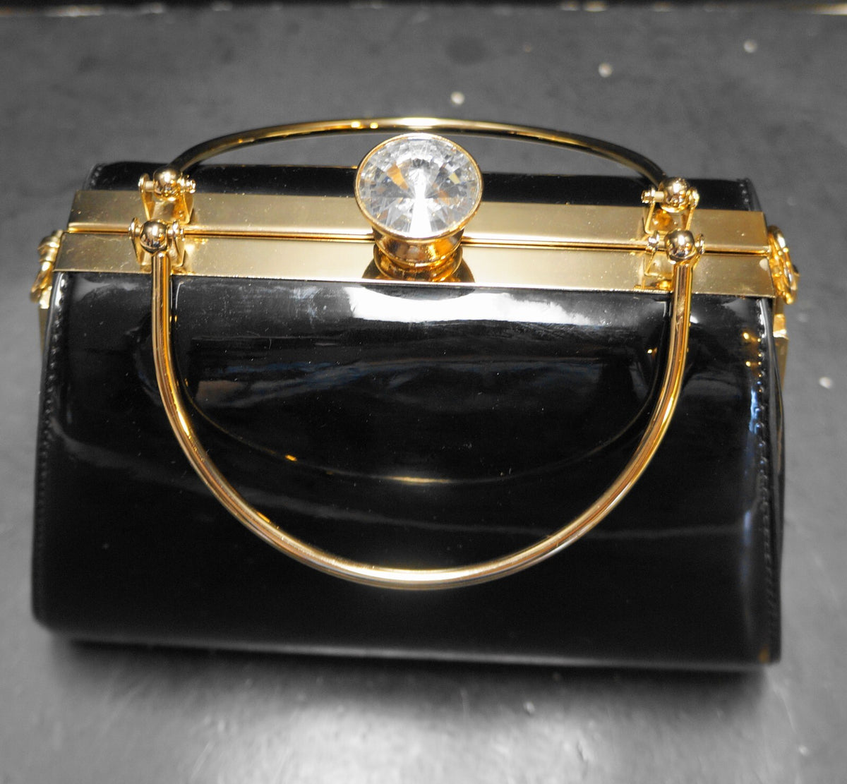 La Terre Fashion Black Patent Vegan Leather Clear Rhinestones Purse Box Style