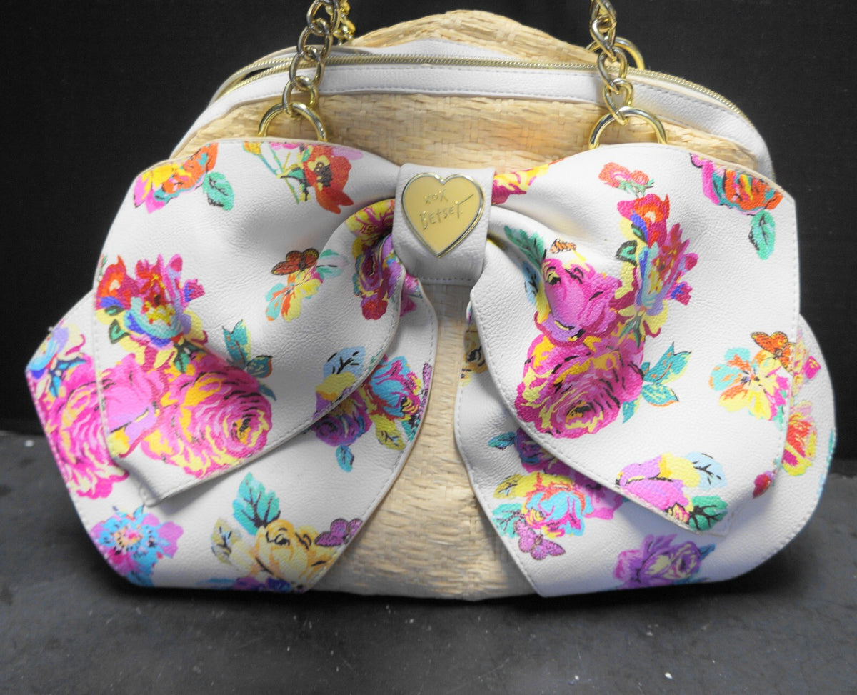 Betsey Johnson Big Bow Straw Floral Beach Summer Purse Satchel