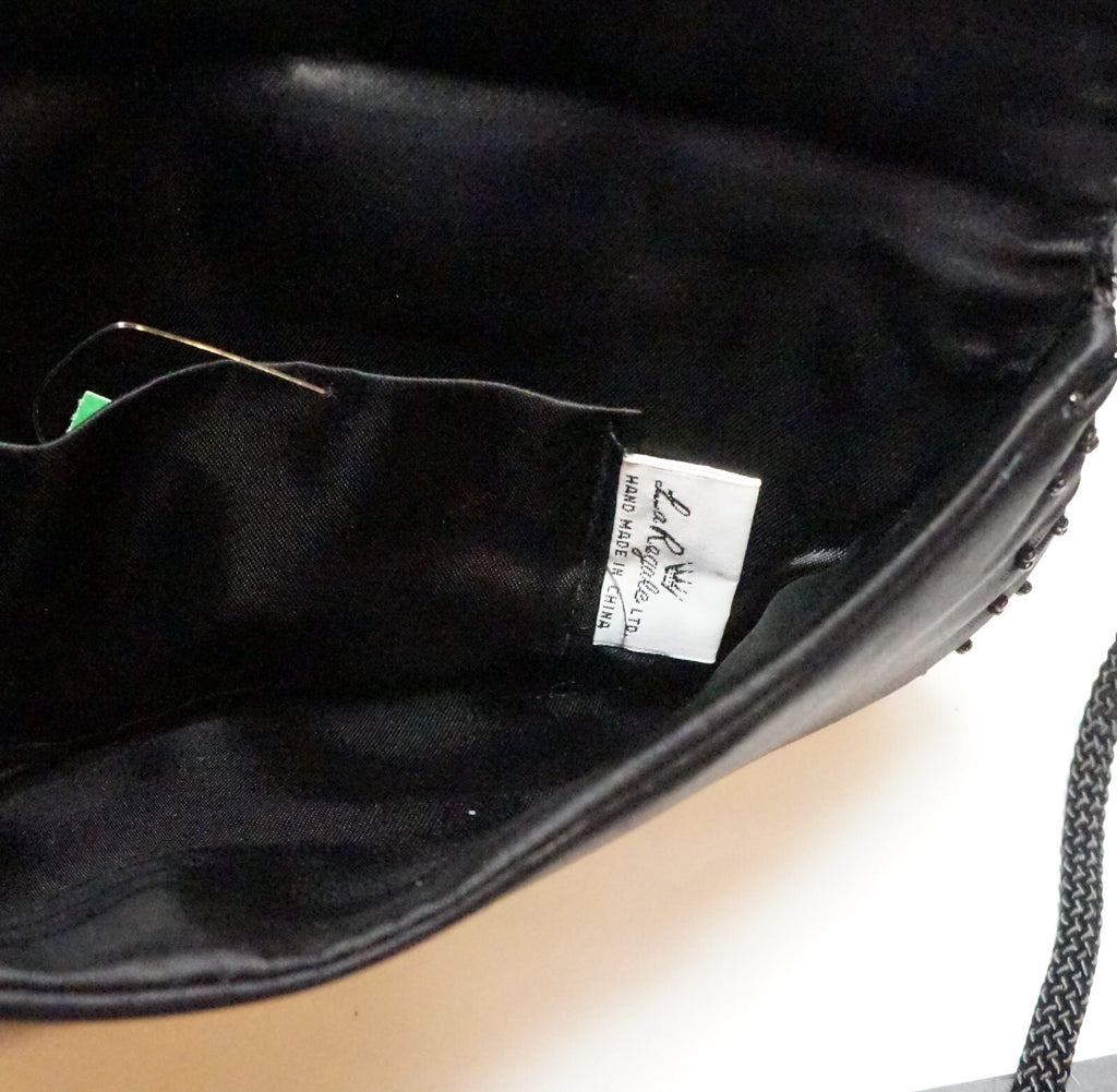 La Regale Black Satin Beaded Flowers Evening Bag Purse