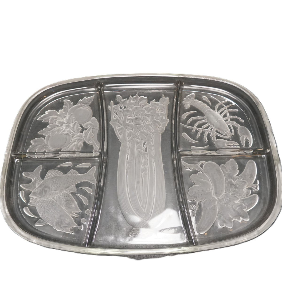 Frosted Cut Intaglio Celery Lobster Fish Pickles Divided Relish Tray 15 x 11