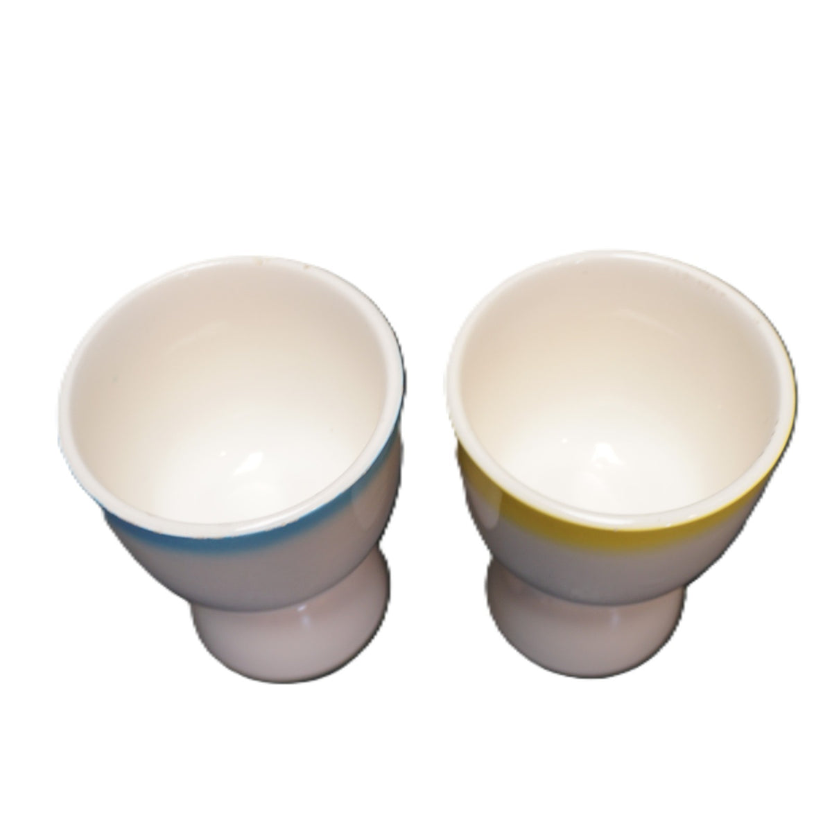 Ucagco Rooster Provincial Double Egg Cups Pair Blue Yellow Trim