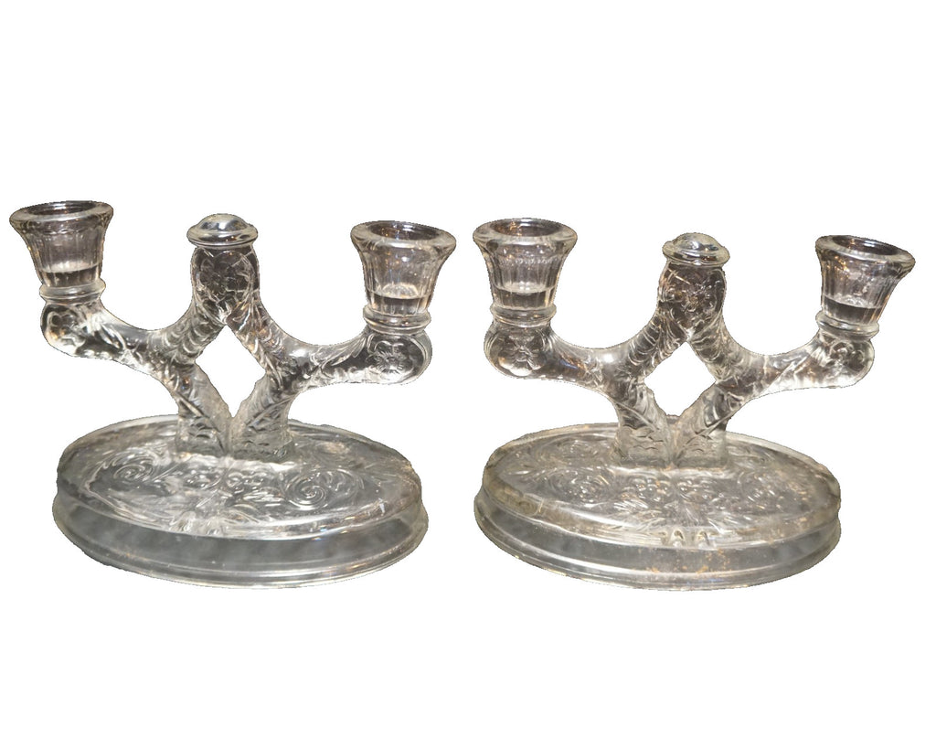 McKee Rock Crystal Double Light Candle Holders Pair