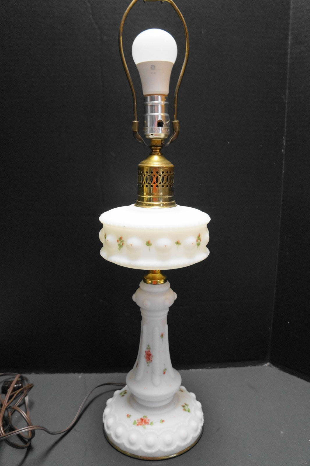 Satin Milk Glass Electric Table Lamp Hand Painted Roses