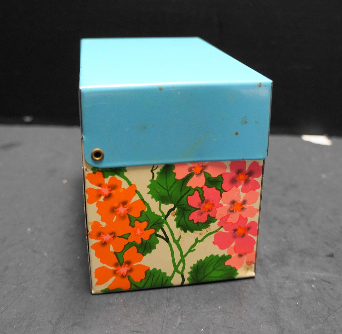 Ohio Art Recipe Box Sky Blue Lid Pink Orange Flowers