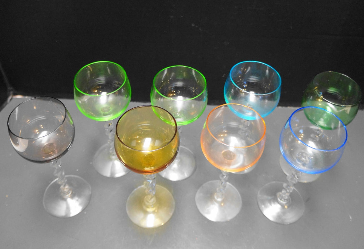 Multicolor Wine Glasses Twisted Stems Set of 8 Art Glass