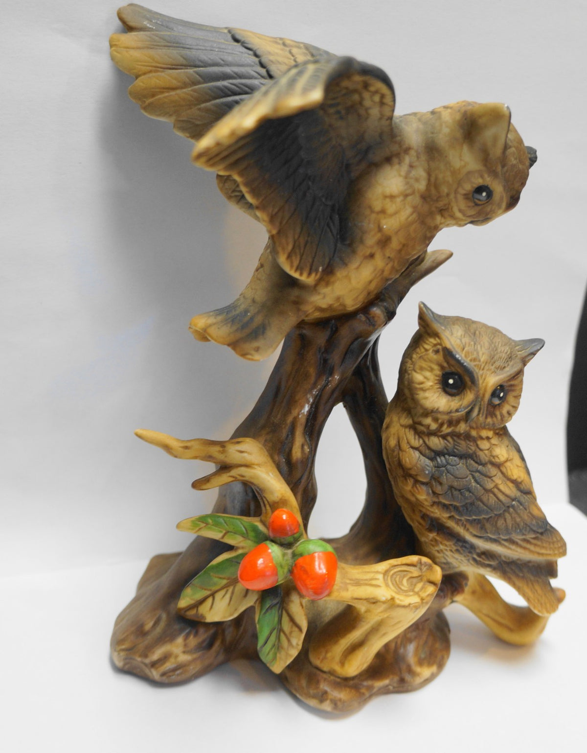 Brown Owls Porcelain Figurine Hand Painted Red Berries