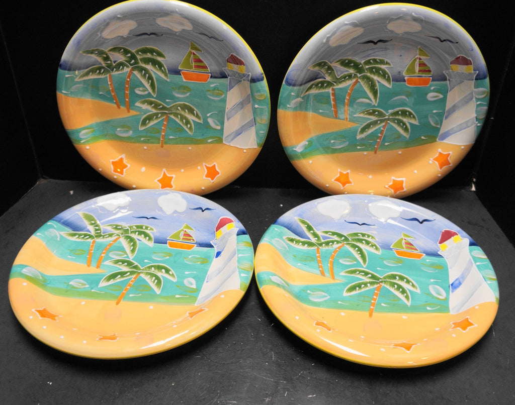 Baum Bros Style Eyes Biscayne Bay Lighthouse Palm Trees Dinner Plates Set of 4