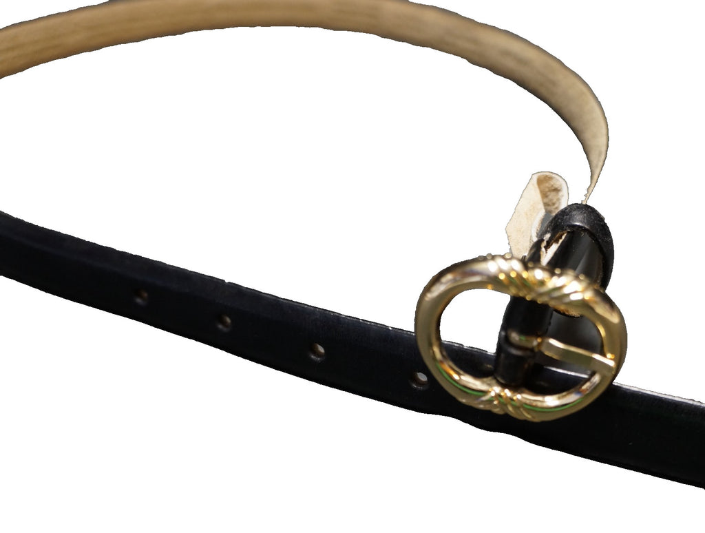 Liz Claiborne Black Bonded Leather Belt 2001 Medium Gold Tone Buckle