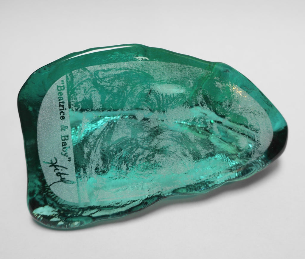 Edna Hibel Breatrice & Baby Frosted Green Glass Paperweight