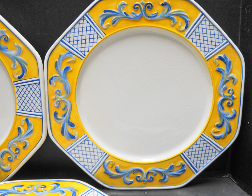 Fitz and Floyd Ricamo Trattoria Dinner Plates Set of 3 Yellow Blue