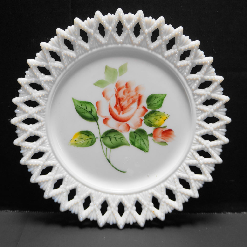 Kemple Sheat of Wheat Lace Edge White Milk Glass Plate Hand Painted Rose