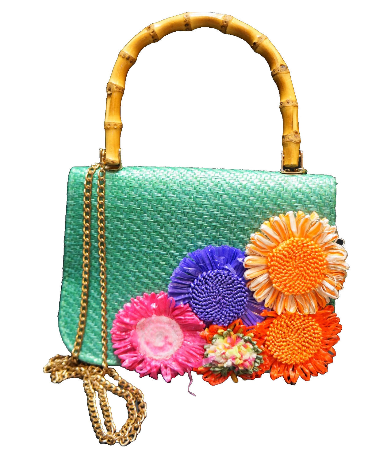 Haute Hippie AZ8674 Straw Flowers Bamboo Handle Satchel Shoulder Crossbody Chain