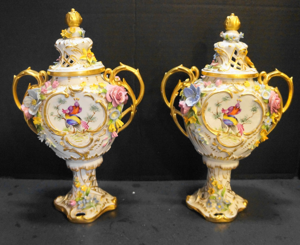 Von Schierholz Urns Pierced Applied Flowers Hand Painted Pheasants