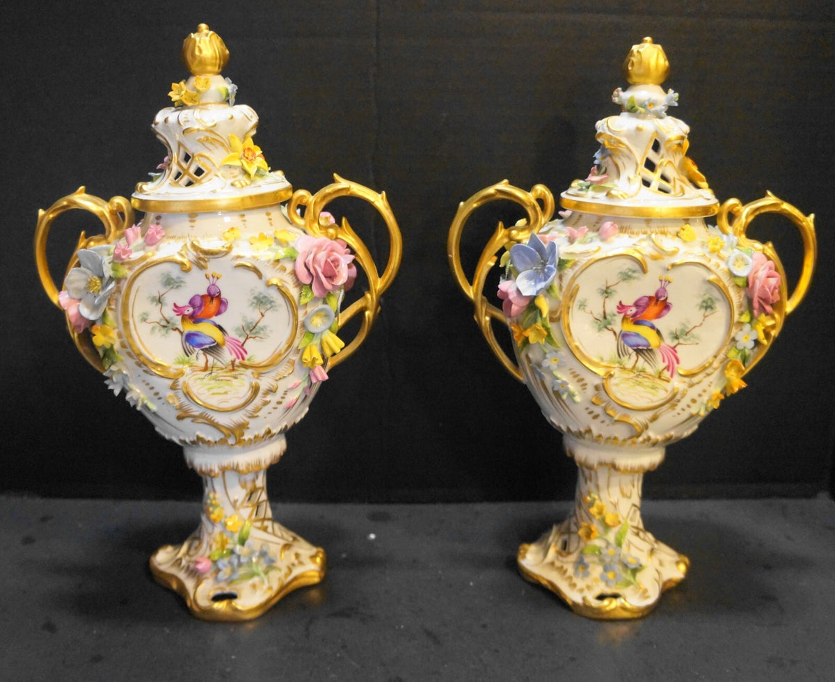 Von Schierholz Urns Pierced Applied Flowers Hand Painted Pheasants