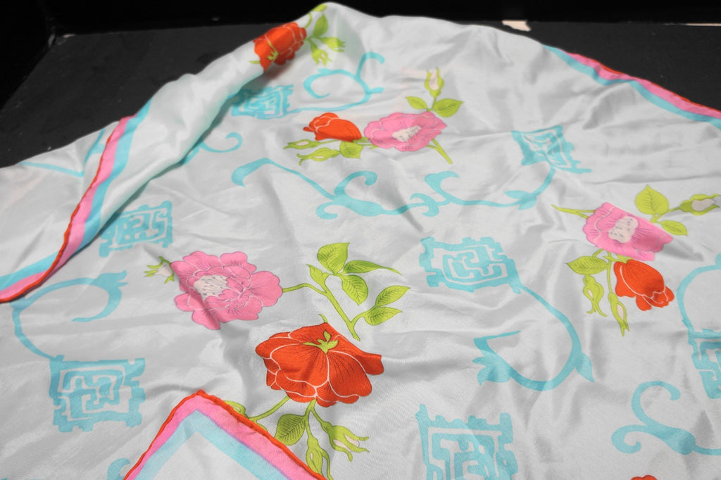 Pale Blue Pink Red Flowers Rayon Silk Blend Vintage Scarf Japan