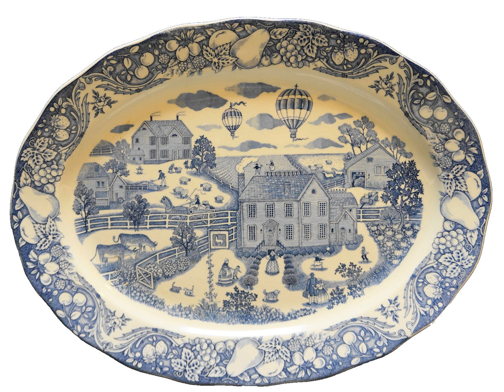 Marushin Pacific Ocean Blue Transferware Village Scene Hot Air Balloon Platter
