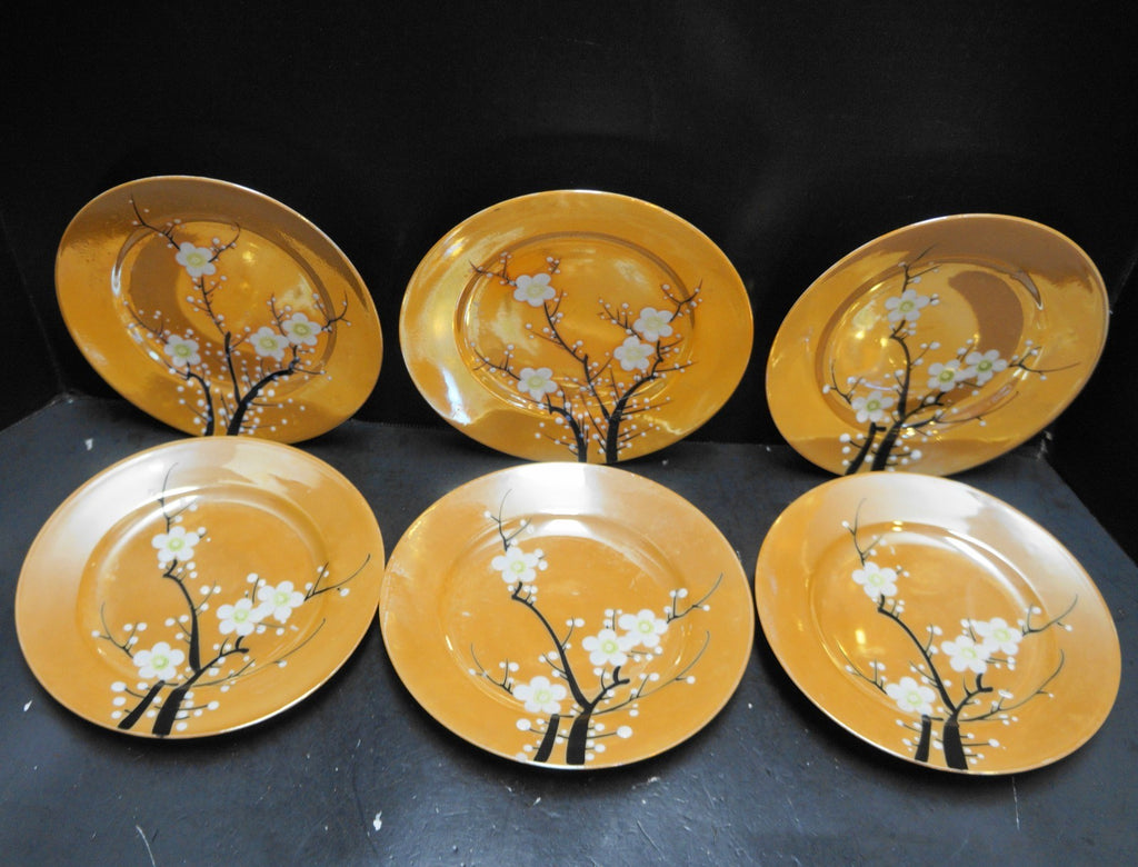 Peach Lustre Hand Painted Cherry Blossoms Salad Plates Made in Japan Set of 6