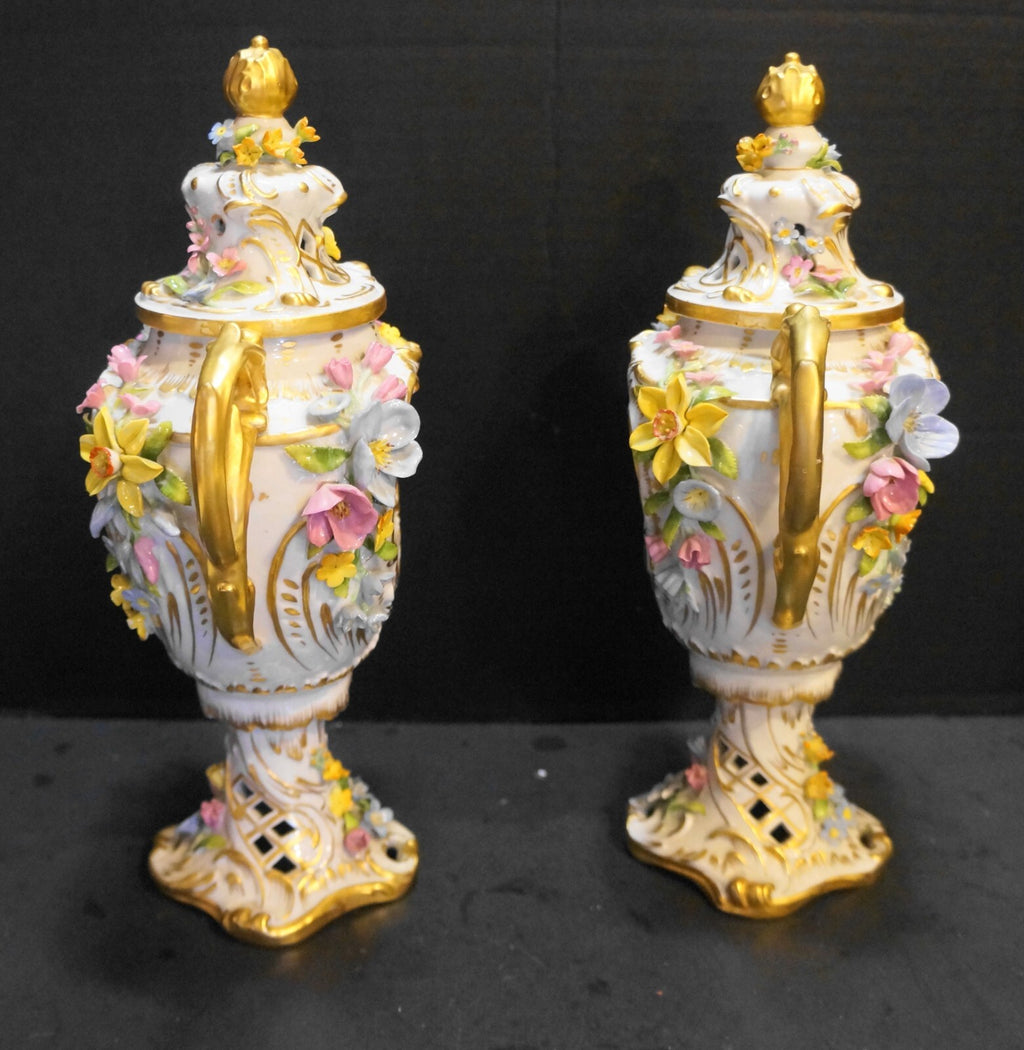 Von Schierholz Urns Pierced Applied Flowers Hand Painted Pheasants