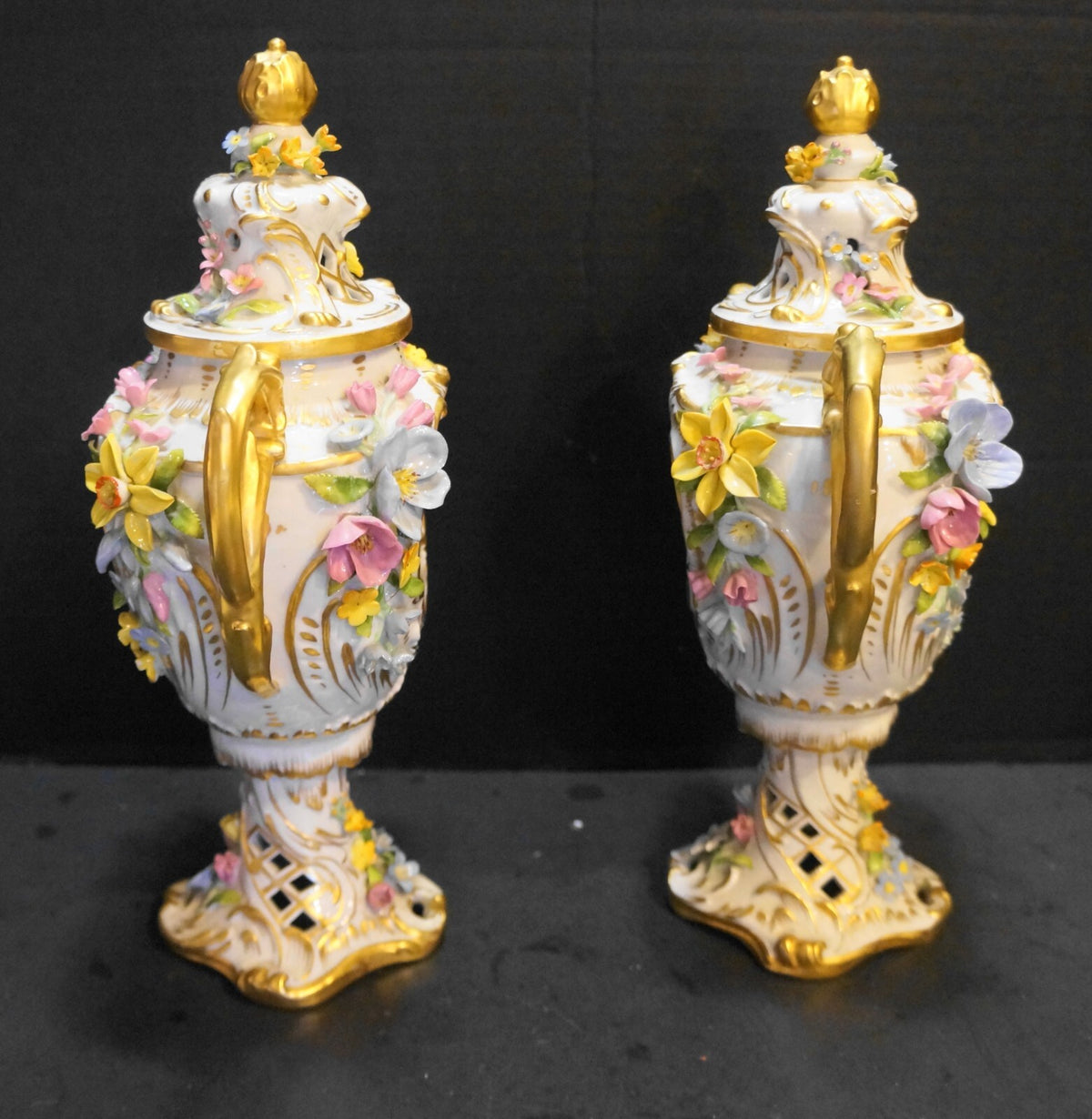 Von Schierholz Urns Pierced Applied Flowers Hand Painted Pheasants
