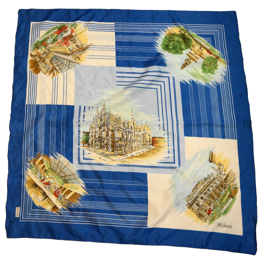 Italy Souvenir Scarf Tourism Scenes Blue and White Polyester