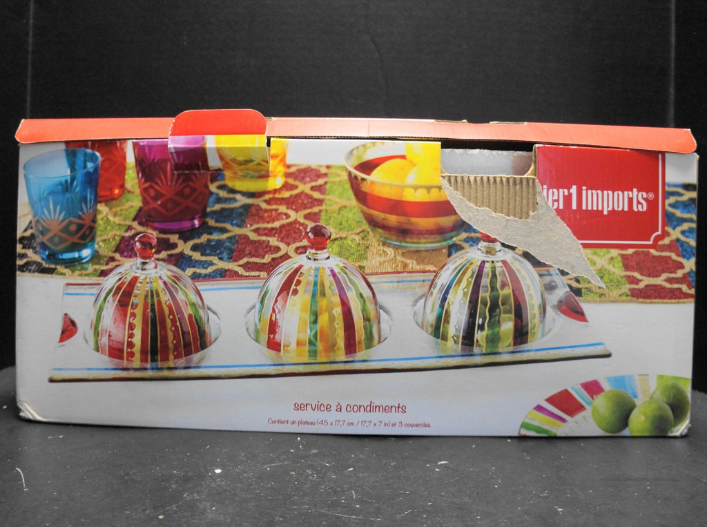 Pier 1 Imports Festive Stripe Condiment Set Hand Painted Glass NIB 2010