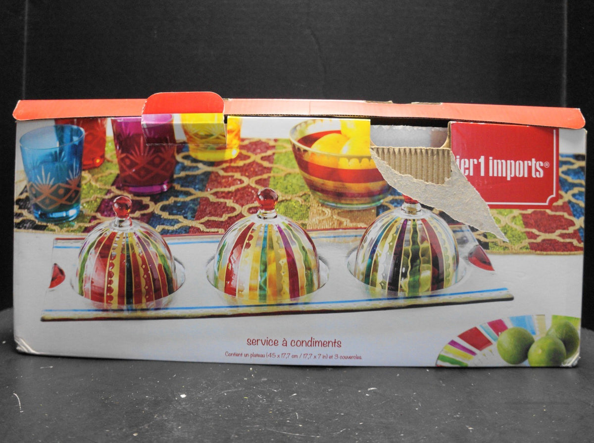 Pier 1 Imports Festive Stripe Condiment Set Hand Painted Glass NIB 2010