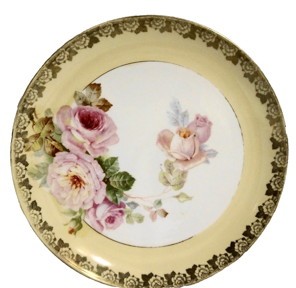 Prussia Charger Cabinet Plate Pink Roses Yellow Border Gold Trim 12 IN
