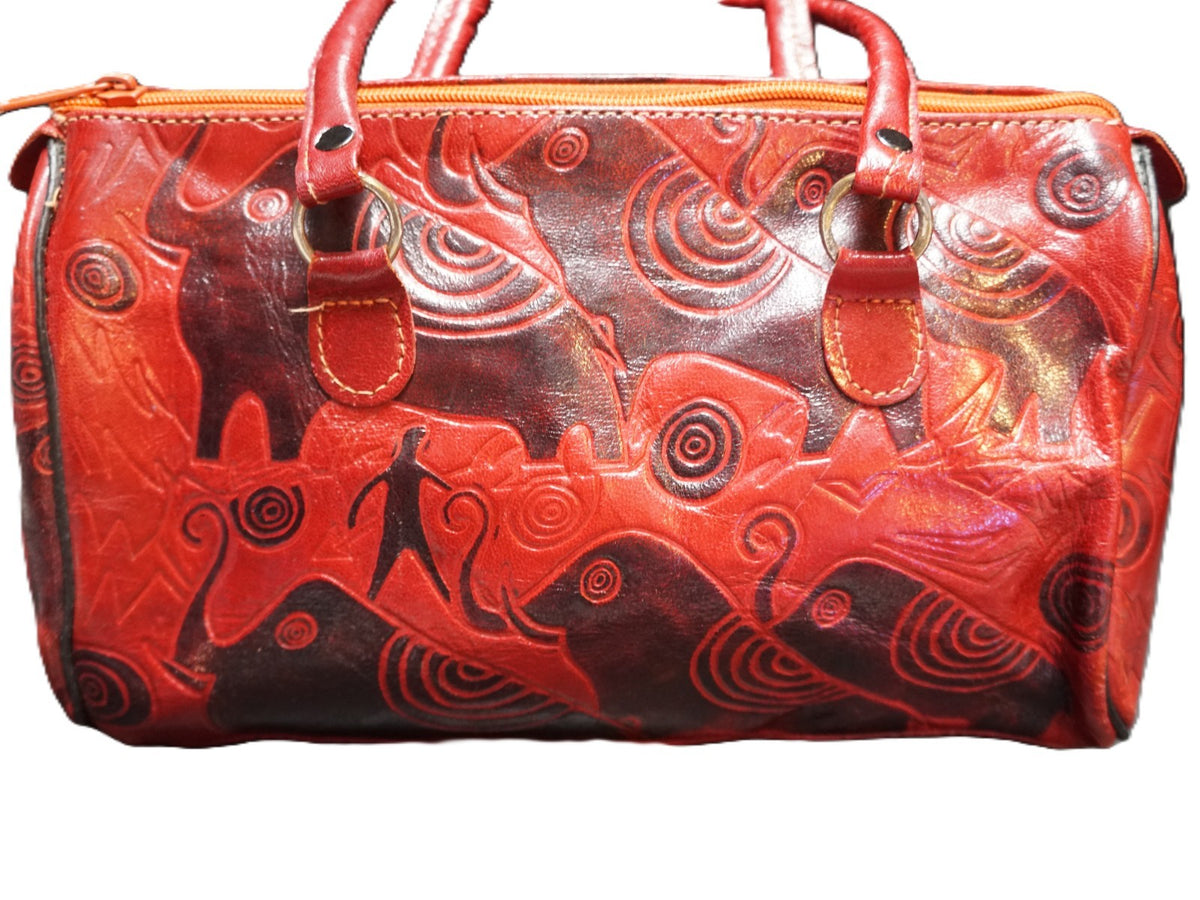Vintage Elephant Design Tooled Leather Dark Red Satchel Purse Double Handle Made in India