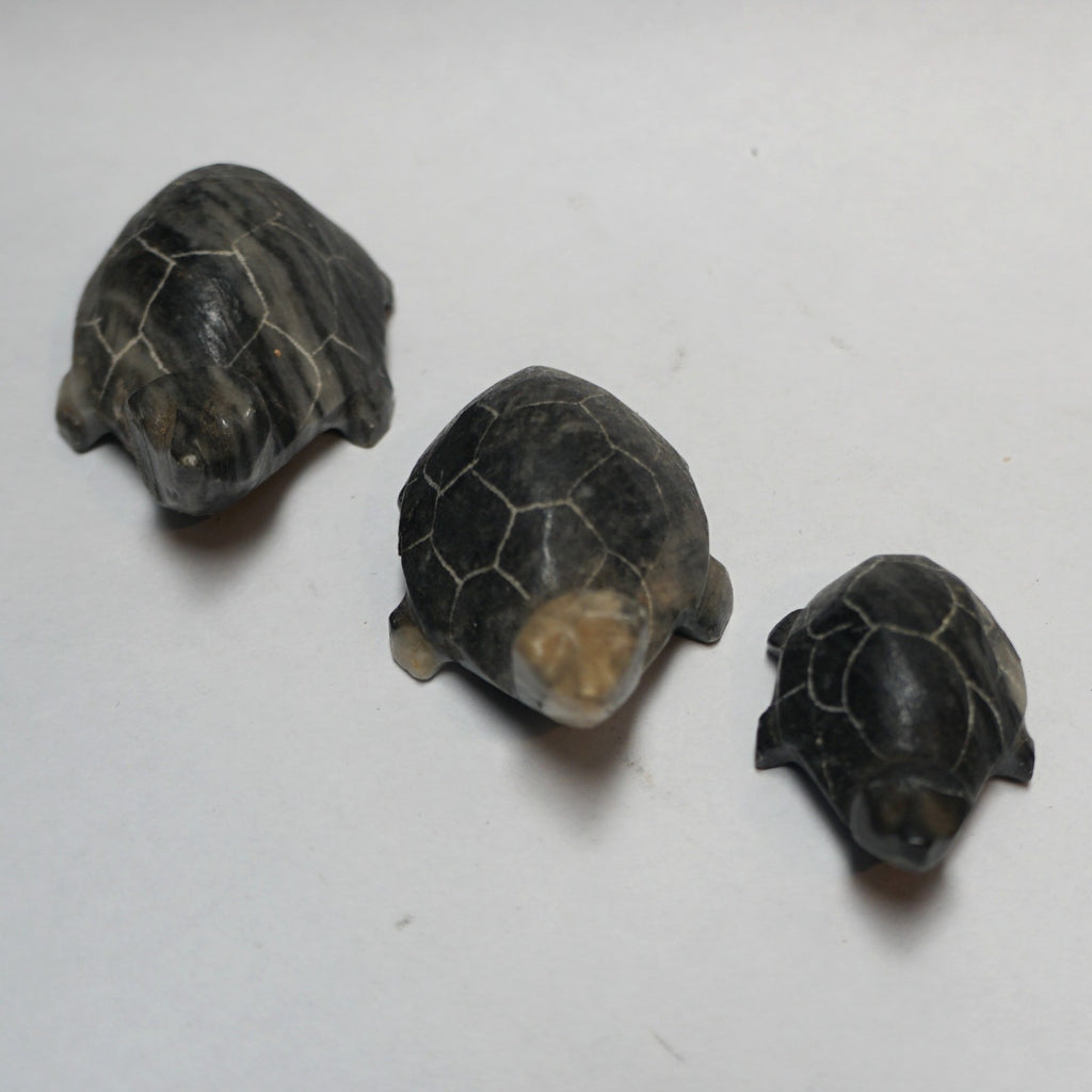 Hand Carved Turtle Figurines Dark Stone Set of 3
