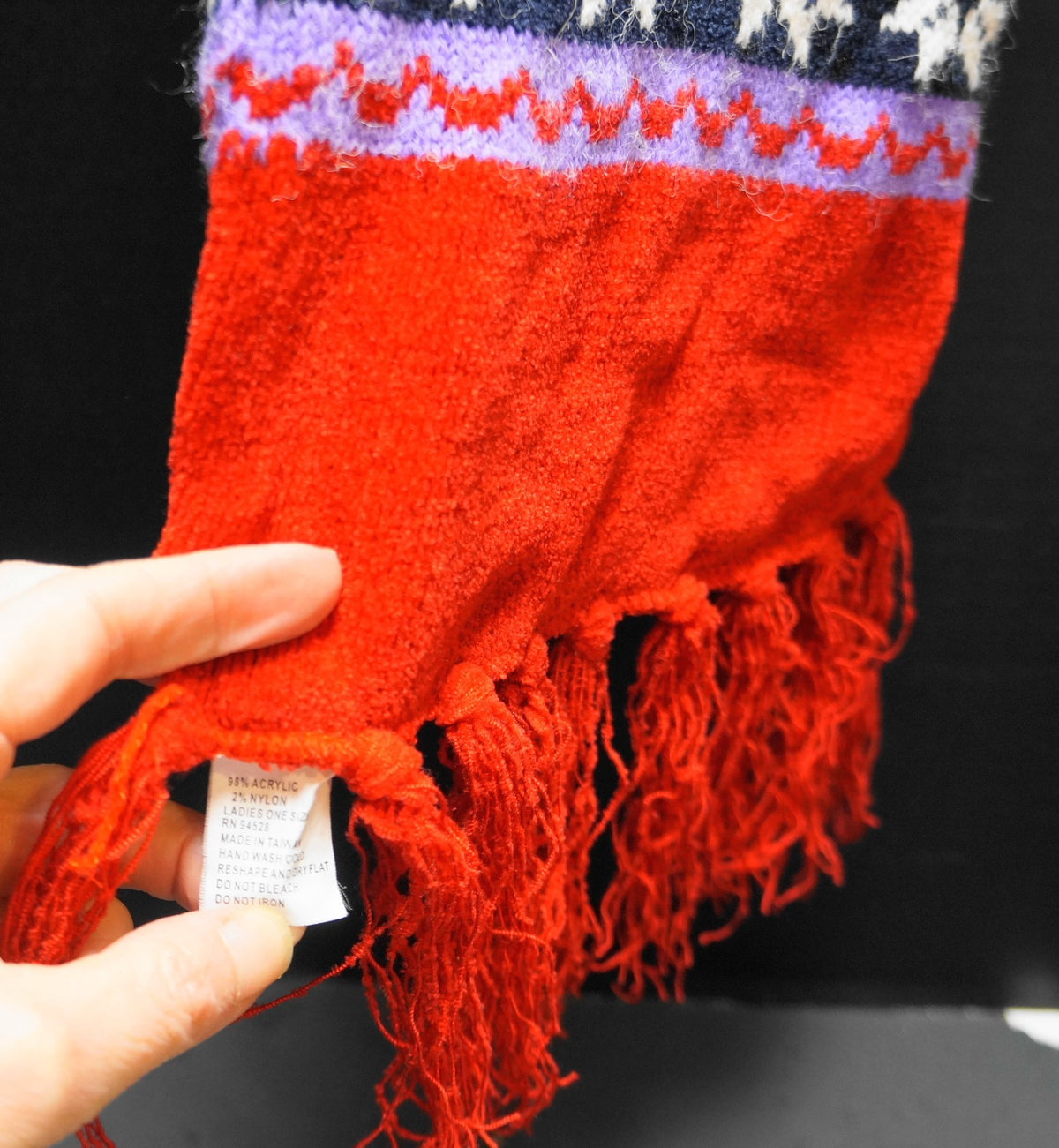 Red Chenille Scarf Snowflake Design Made in Taiwan 62"