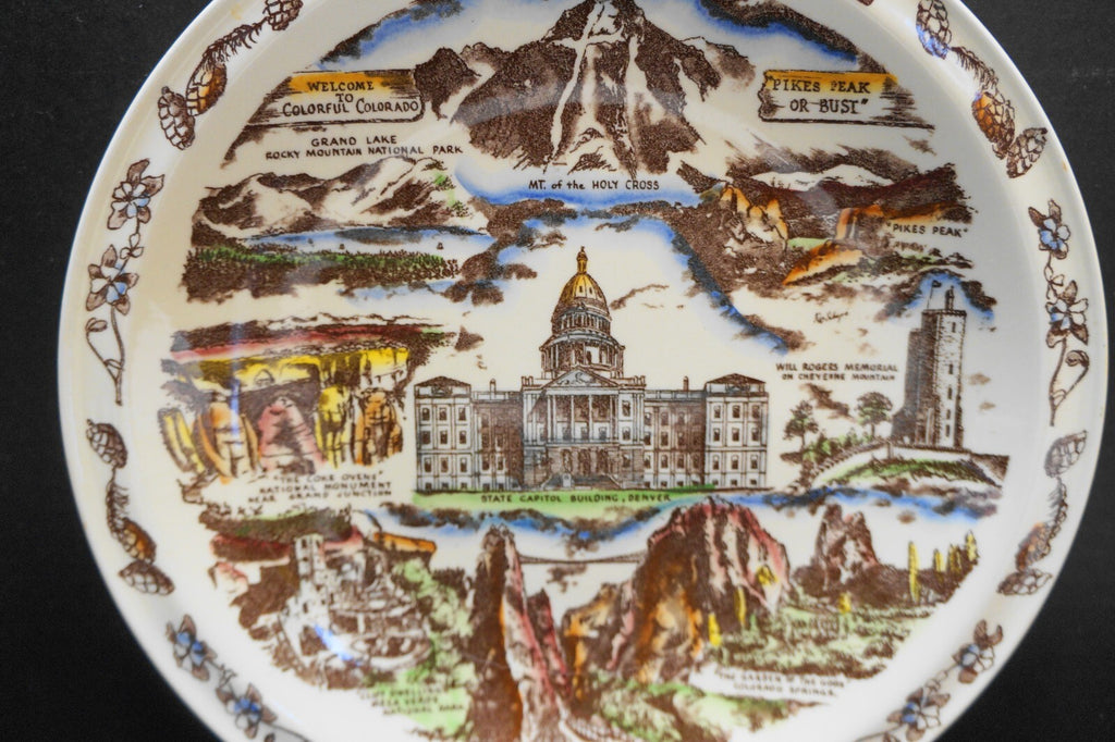 Vernon Kilns Colorado State Souvenir Plate Color Tinted California Pottery