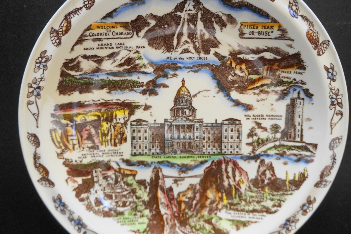 Vernon Kilns Colorado State Souvenir Plate Color Tinted California Pottery