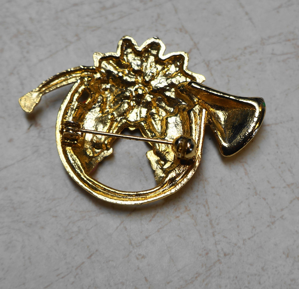 French Horn Christmas Pin Gold Tone Red Enamel Cardinals Poinsettia