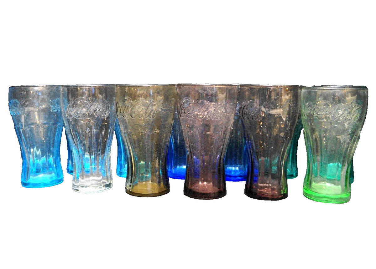 Libbey Coca-Cola Glasses 16 oz Colors Set of 13 Blue Green Purple Brown Clear