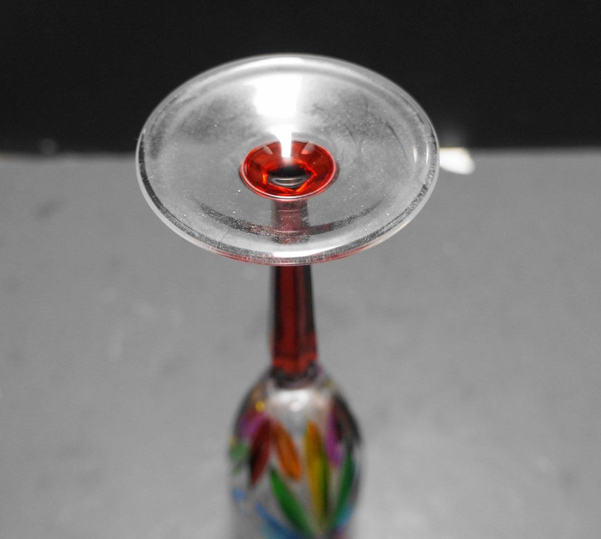 Sorrento Venetian Murano Cut Glass Hand Painted Rainbow Red Stem Champagne Flute