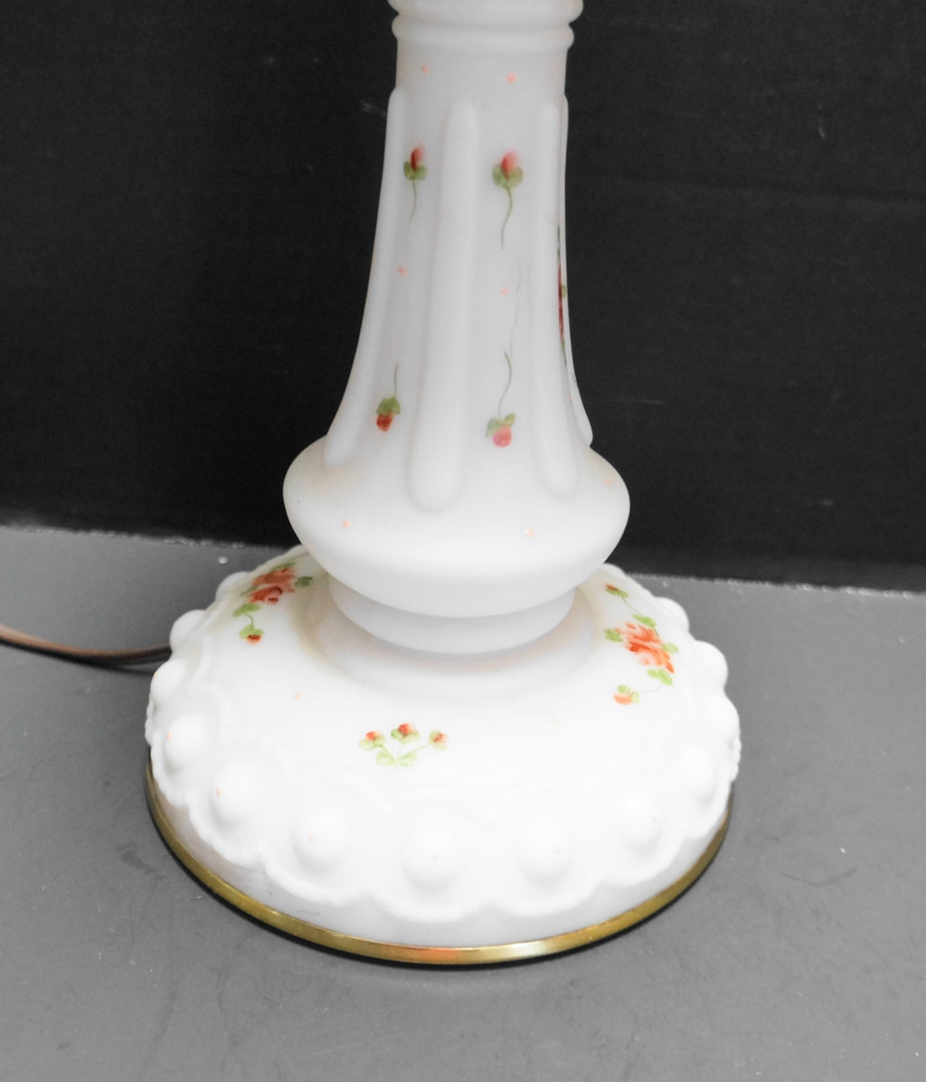 Satin Milk Glass Electric Table Lamp Hand Painted Roses