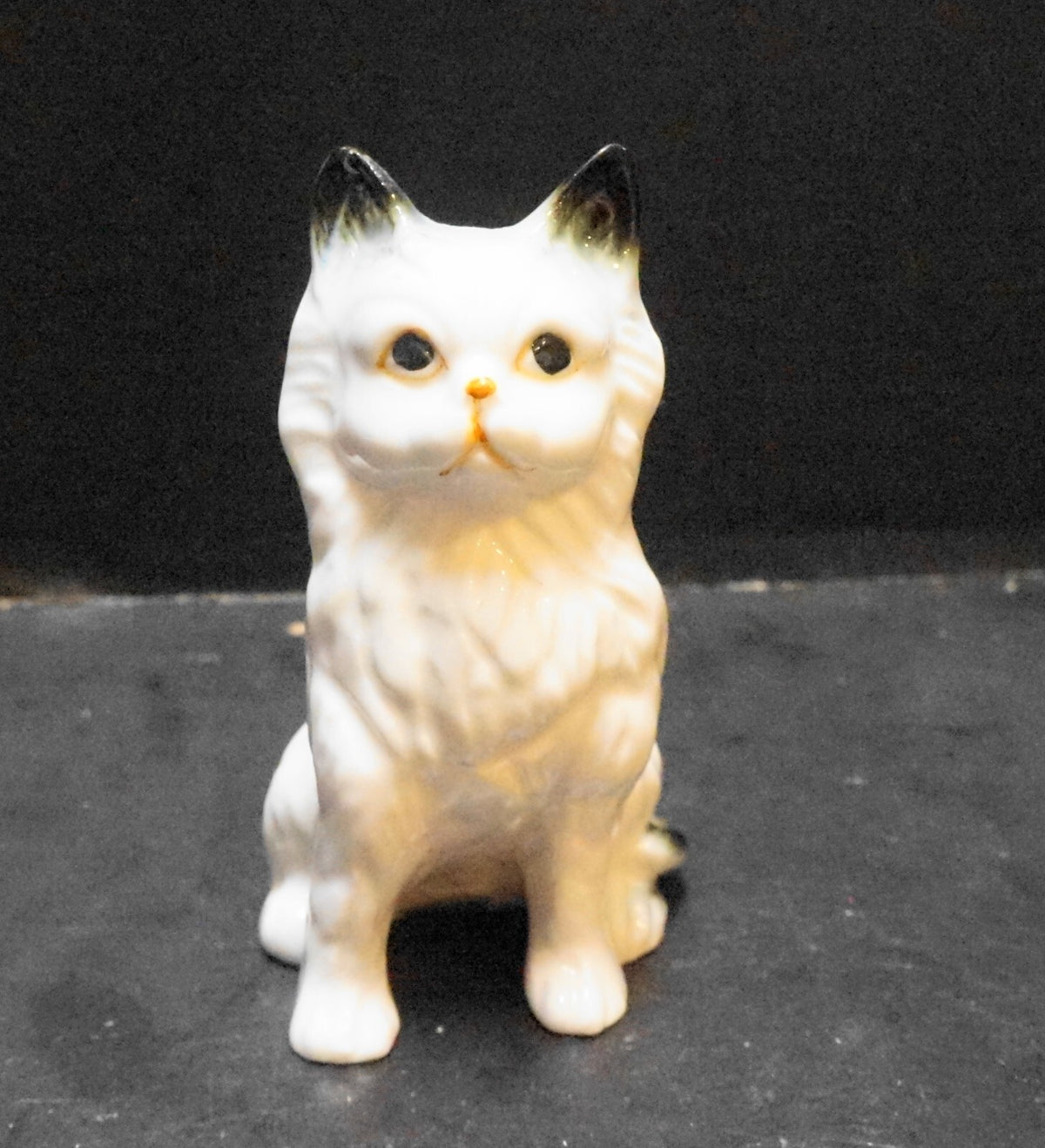 Porcelain Cat Figurine White Black Ears and Tail