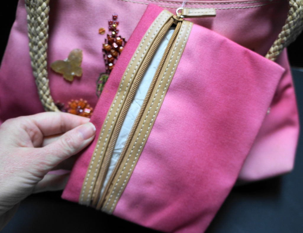Nine West Pink Ombre Canvas Purse Shoulder Bag Embroidered Beaded Flowers