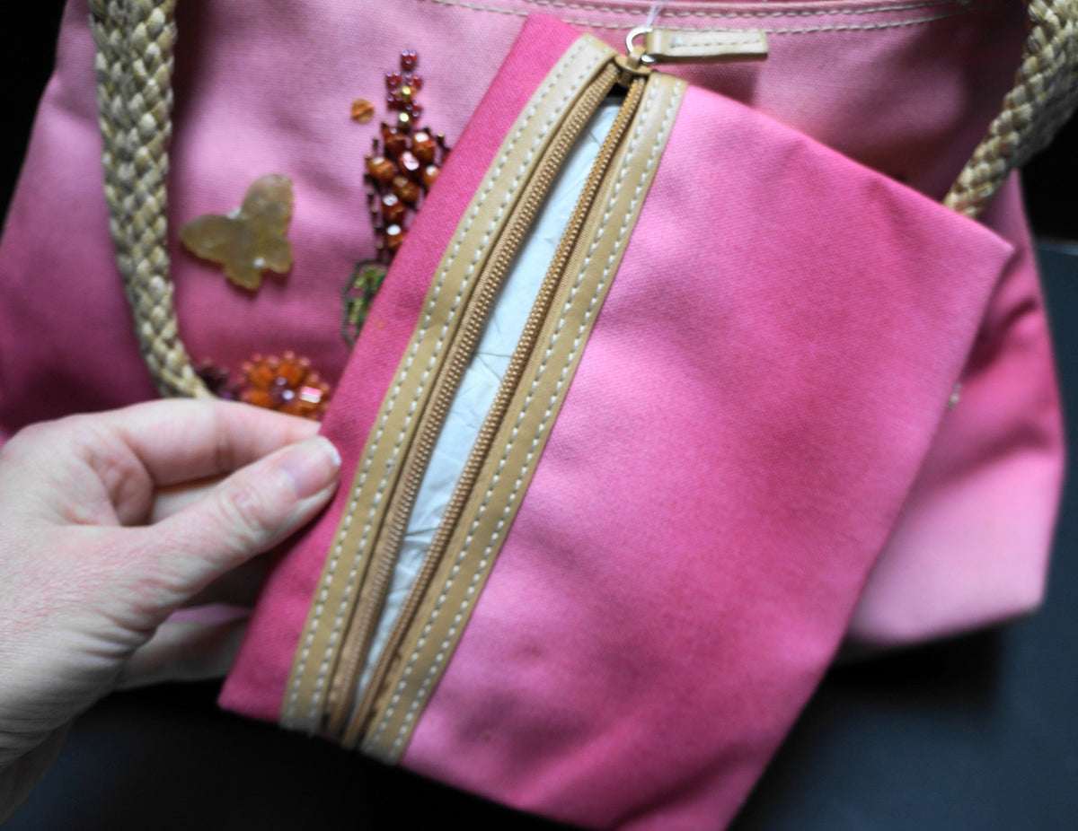 Nine West Pink Ombre Canvas Purse Shoulder Bag Embroidered Beaded Flowers