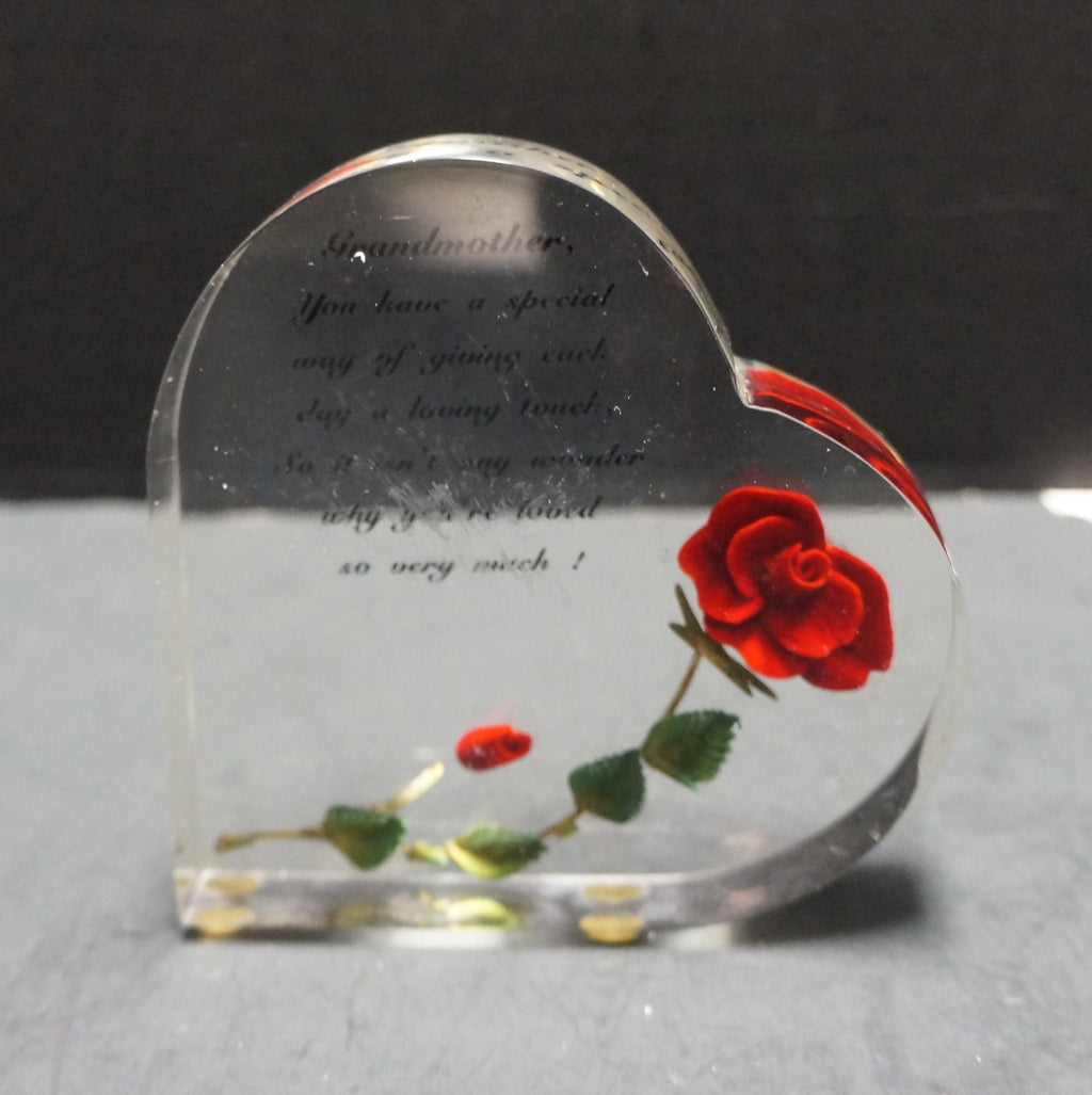 Bircraft Lucite Carved Rose Heart Paperweight Grandmother Poem