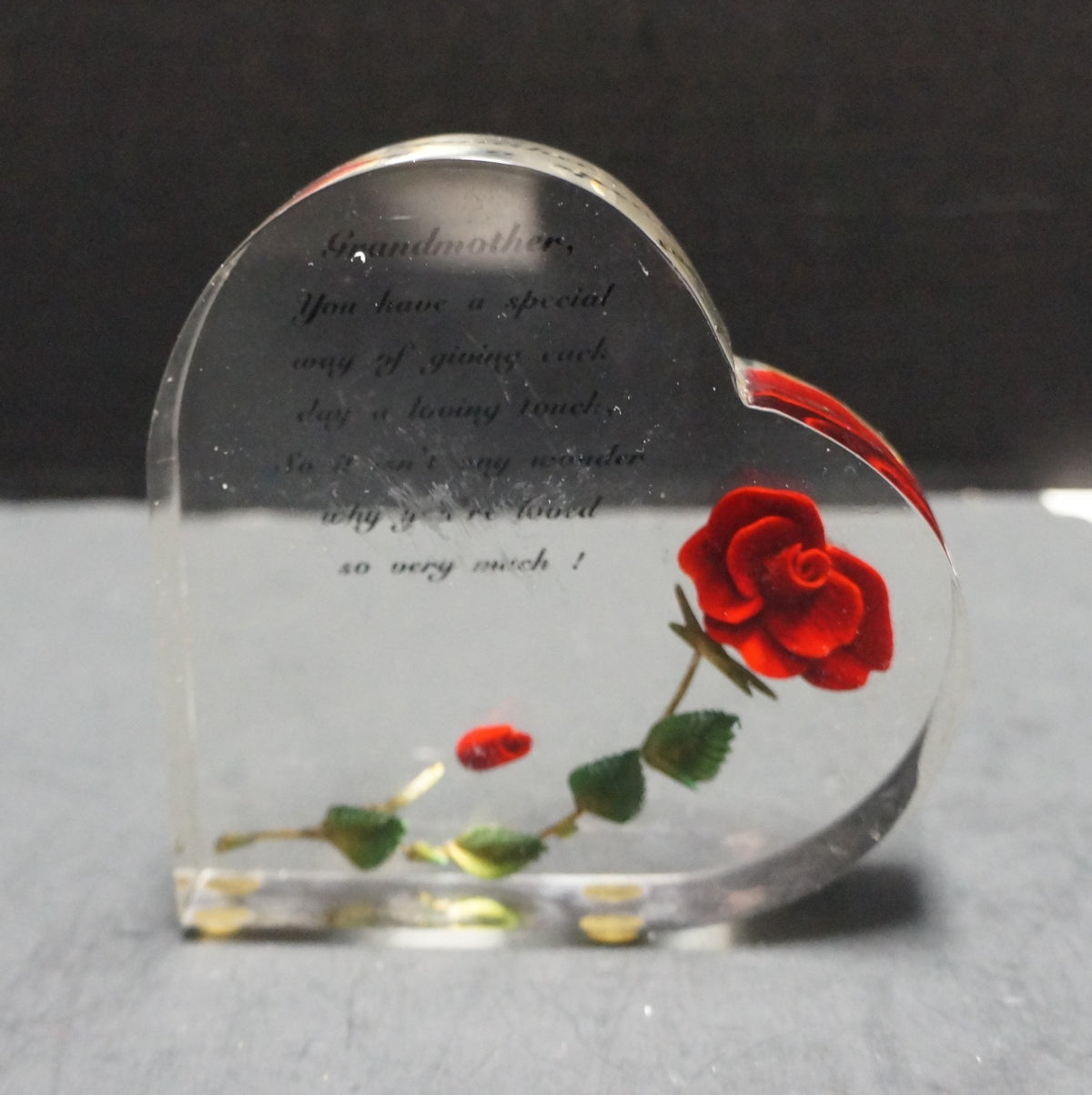 Bircraft Lucite Carved Rose Heart Paperweight Grandmother Poem