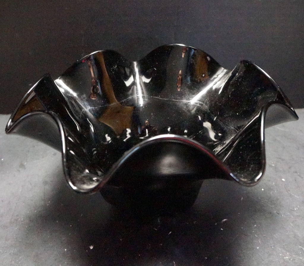Black Art Glass Ruffle Rim Bowl 9 5/8" x 5 1/2"